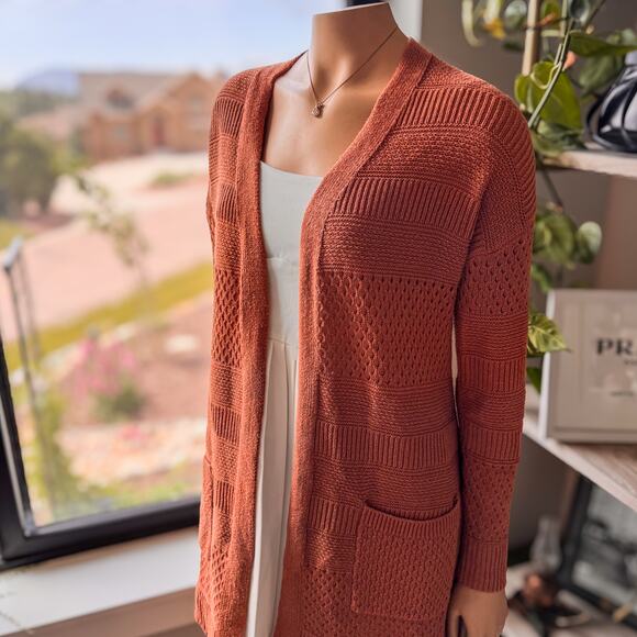 J by Joie, Loosely Woven Cardigan Sweater in Burnt Orange Autumn Tone-Size Small - Picture 2 of 11